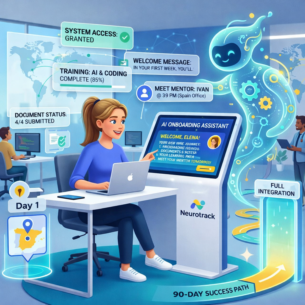Square illustration of an employee interacting with an AI onboarding assistant in a modern office, featuring a glowing AI figure and Neurotrack digital kiosk.